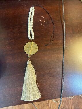 Vintage Gold Medallion Tassel Pendant Necklace with bone Beads